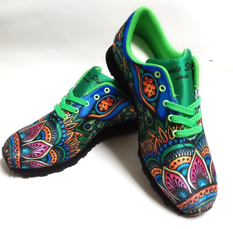 手繪線畫 精密數位噴印 多功能健走鞋(綠) - 女款休閒鞋 - 聚酯纖維 綠色