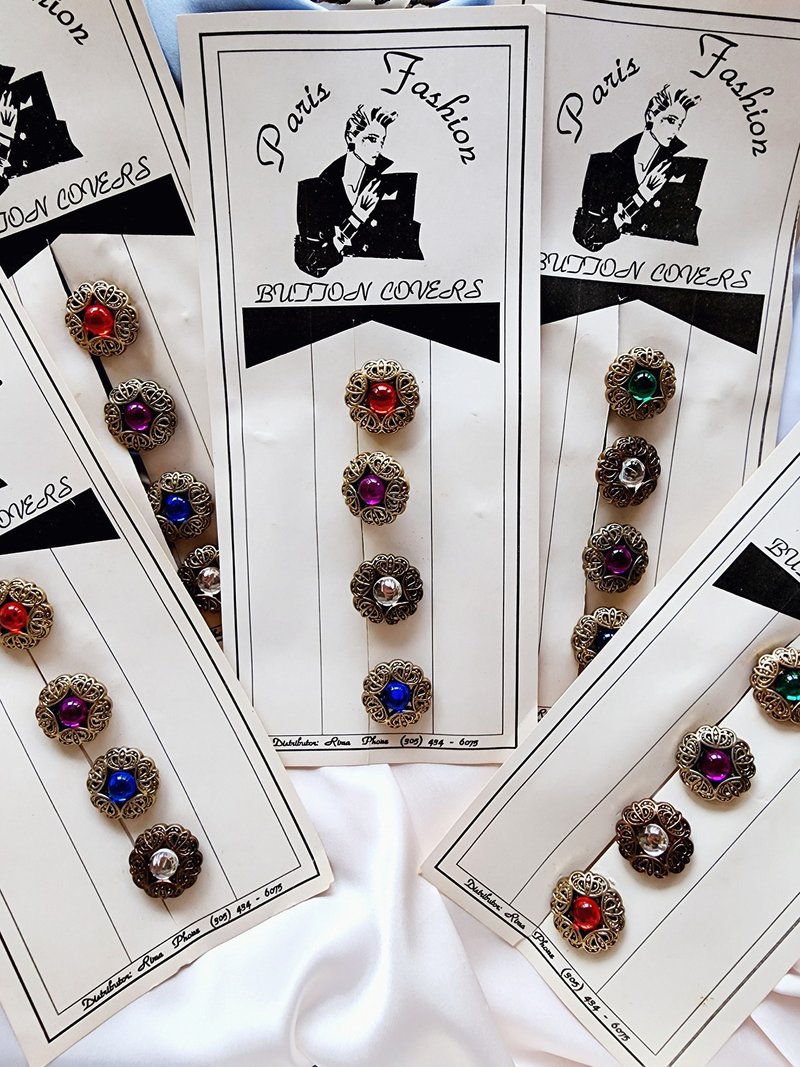 美國西洋古董飾品 / 稀有巴黎時尚彩石雕花復古鈕扣 buttons - 其他 - 其他金屬 