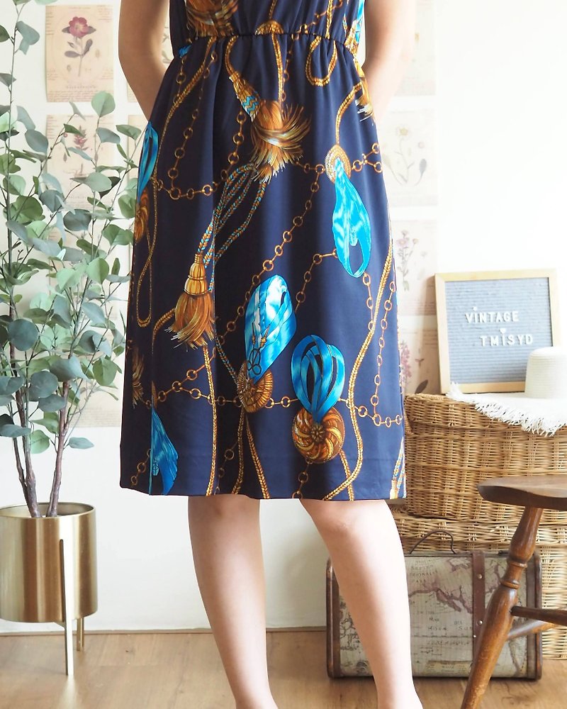 Vintage Japan Navy Blue Dress - XS-S ,Tassel & Chain Print - ワンピース - ポリエステル ブルー