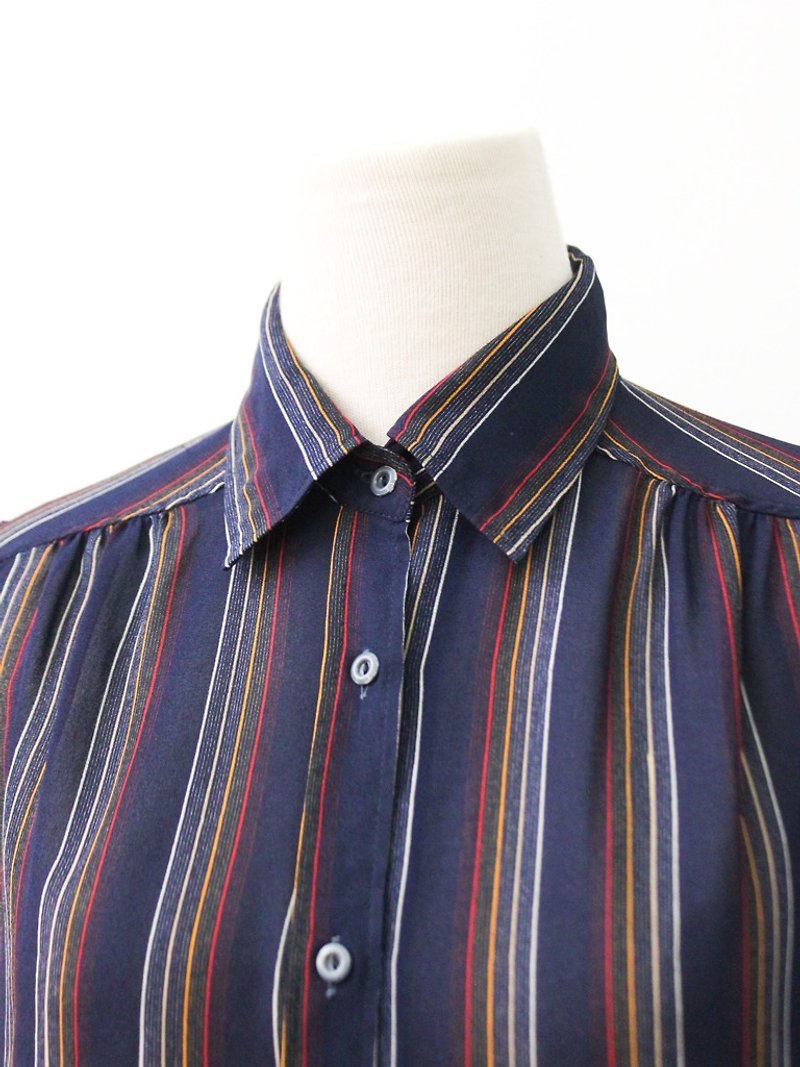 日本製復古簡約條紋深藍色長袖古著襯衫Vintage Blouse - 女襯衫 - 聚酯纖維 藍色