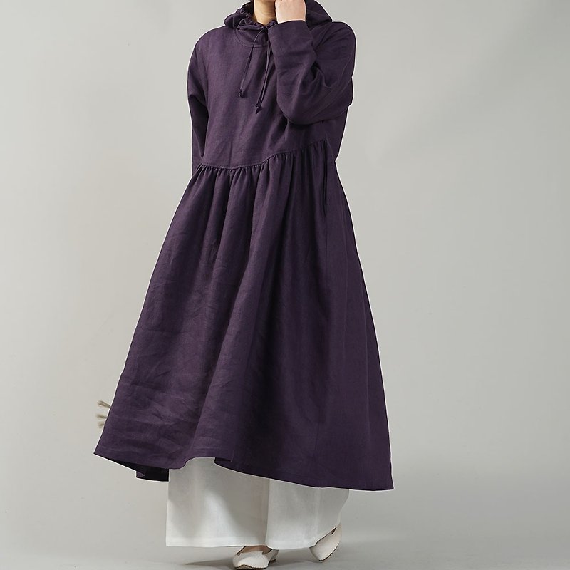 wafu --Midweight Linen Hood Dress / Plum Purple a018c-ppe2 - ชุดเดรส - ลินิน สีม่วง