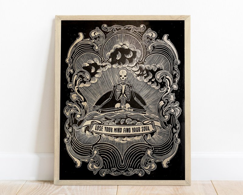 Linocut print Lose your mind find your soul Skeleton artwork Gothic art poster - 海報/掛畫/掛布 - 紙 黑色