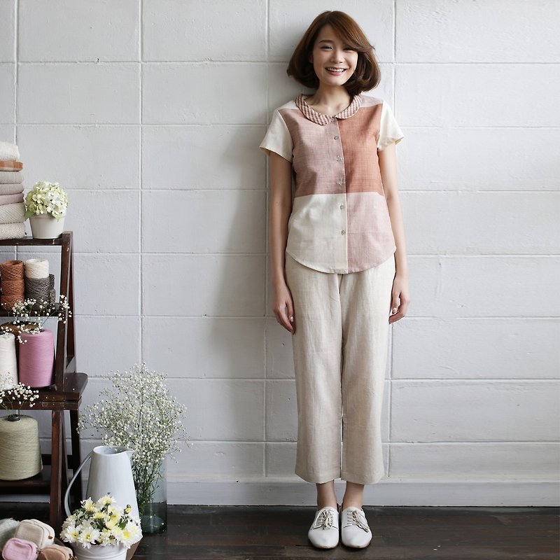 Check Pattern Short Sleeve Blouses with Mini Check Collar Botanical Dyed Cotton Tan Color - เสื้อผู้หญิง - ผ้าฝ้าย/ผ้าลินิน สีนำ้ตาล