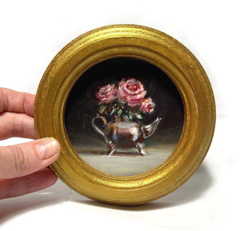 Framed Flower Painting Victorian Round Gold Gift Small Original Oil antique - 壁貼/牆壁裝飾 - 其他材質 粉紅色