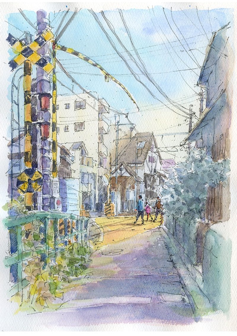 Custom-made watercolor paintings Enoden Railroad Crossing / Enoshima Station - Posters - Paper Blue
