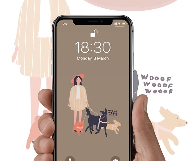 彼女の犬のイラストを持つ少女 電話の壁紙 デジタルダウンロード ショップ Artnytime Pinkoi