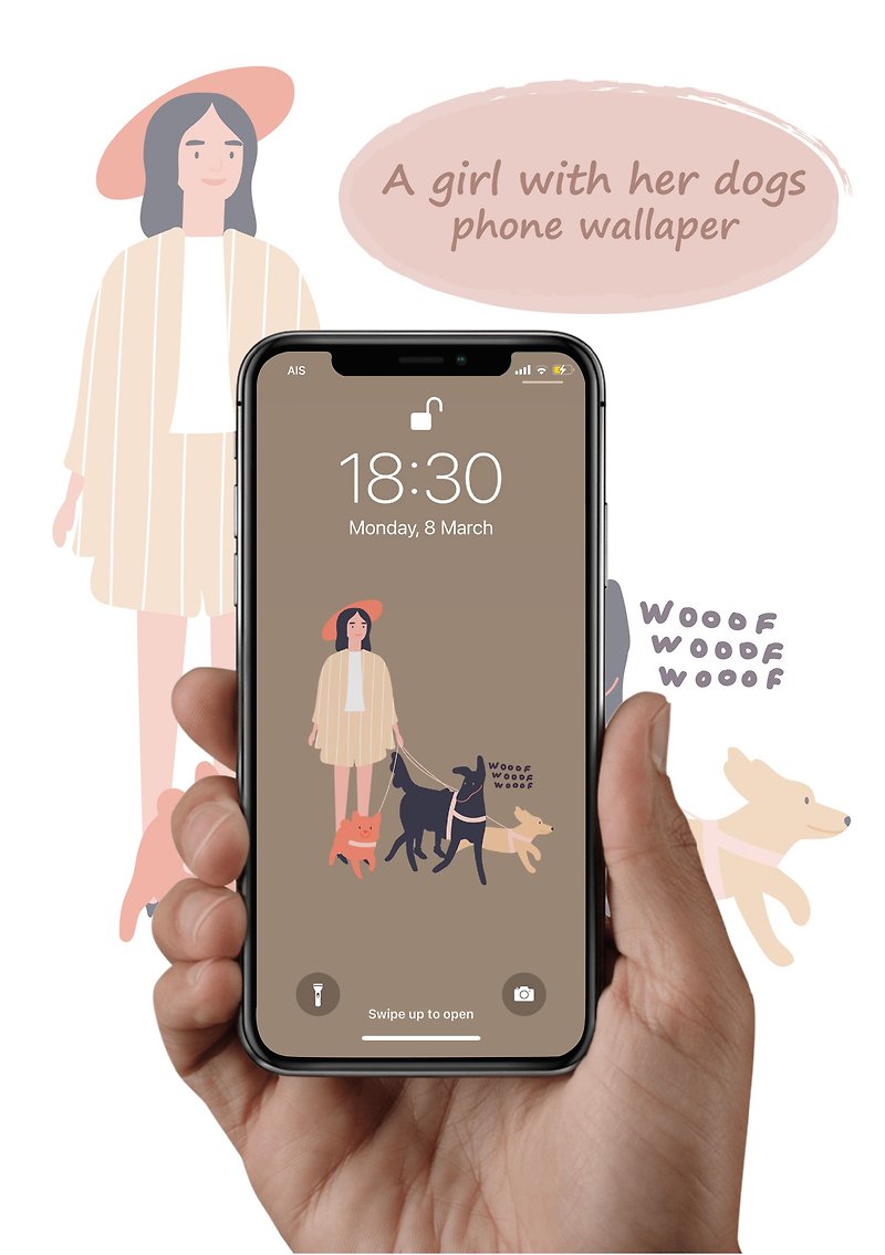 A girl with her dogs illustration. Phone wallpaper.Digital download. - 其他 - 其他材質 卡其色