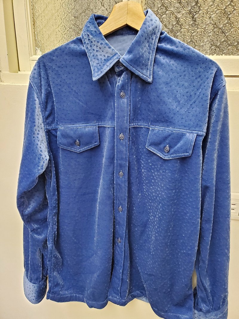 有禮貌穿搭 日本古著 天鵝絨顆粒立體感 藍色 長襯 M號 近全新 - 男襯衫/休閒襯衫 - 棉．麻 藍色