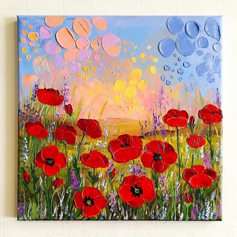 Poppies Painting Landscape Textured Art Wall Decoration Acrylic Artwork - 壁貼/牆壁裝飾 - 壓克力 多色