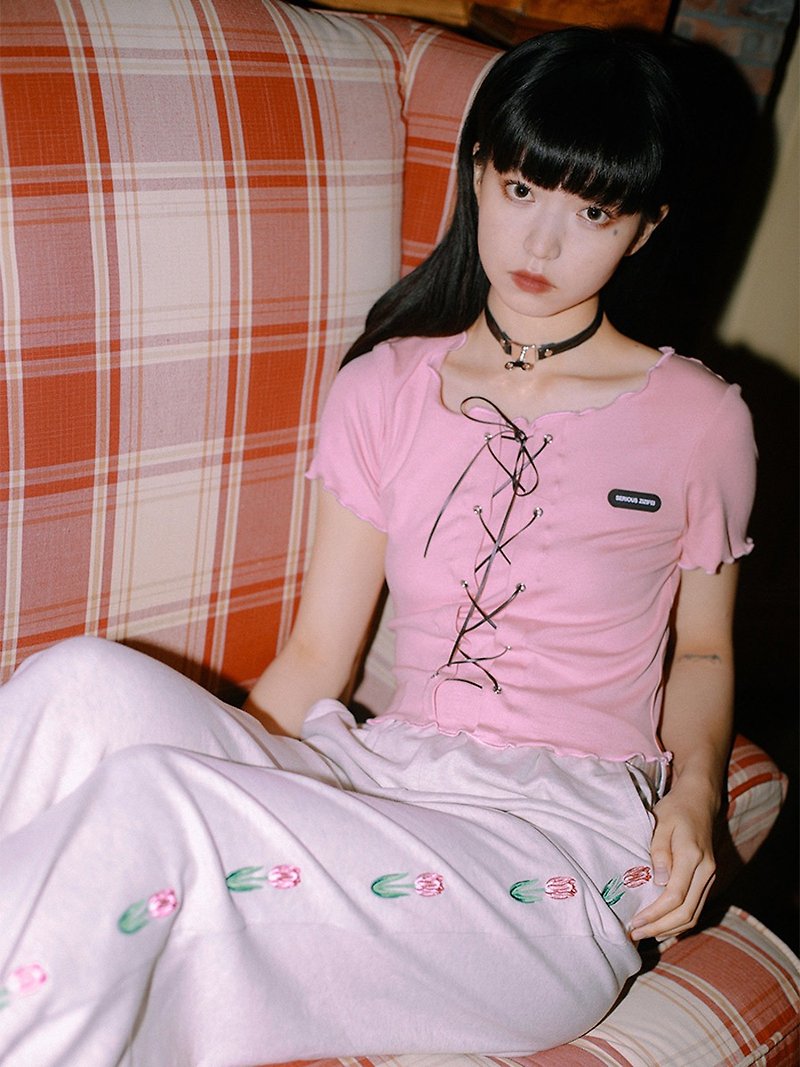 ziziFei knitted short-sleeved T-shirt women&#39;s short top summer design niche French retro slim pink