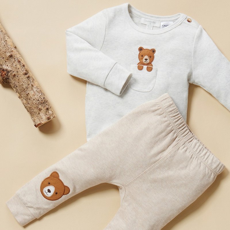 Australia Purebaby organic cotton baby long-sleeved onesies/ jumpsuit 1T light grey bear - ชุดทั้งตัว - ผ้าฝ้าย/ผ้าลินิน 