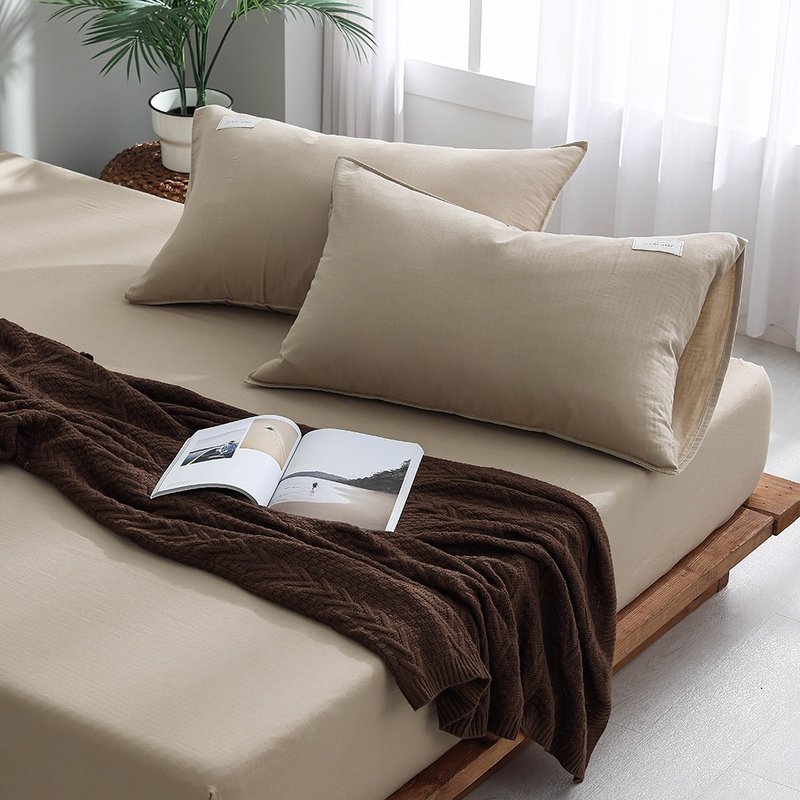 Japanese light twisted yarn three-piece pillowcase bed bag set/sand - เครื่องนอน - ผ้าฝ้าย/ผ้าลินิน สีกากี