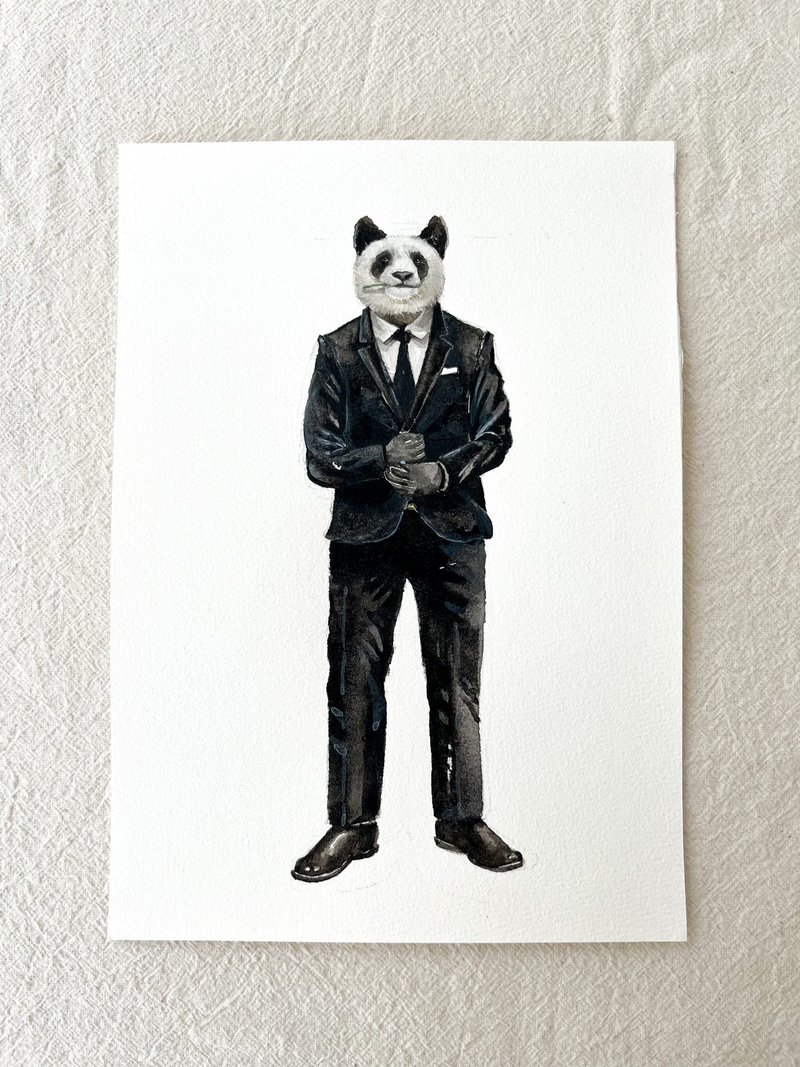 Suit series panda watercolor original painting - ภาพวาดบุคคล - กระดาษ สีดำ