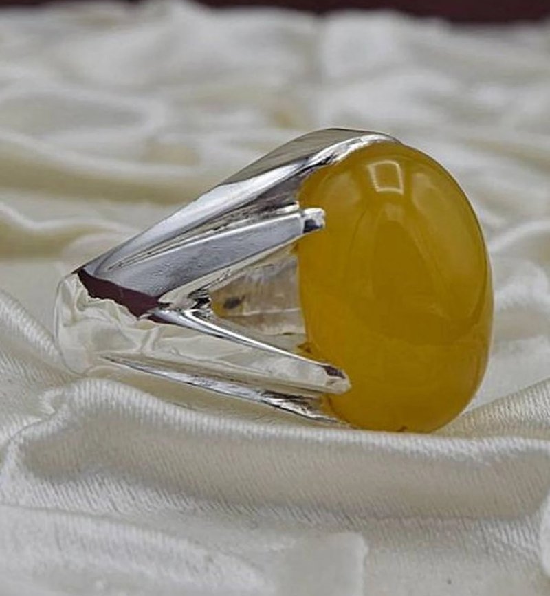 天然黃色葉門Aqeeq戒指 Zard Yamni Akik戒指 男款925純銀 - 戒指 - 寶石 黃色