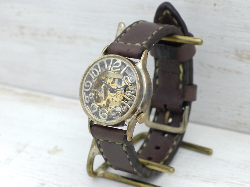 手作り腕時計 自動巻きBrass32mm手縫いベルト フローティングインデックス  (BAM032 手縫いベルト)