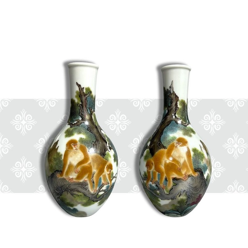 Pair of Qing Yongzheng Enamel Monkey and Poetry Motif Vases - Pottery & Ceramics - Porcelain Brown