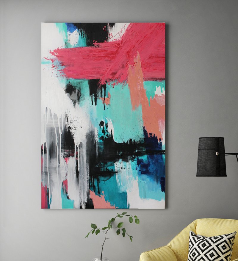 Original Abstract Painting | Colorful Red Black Green Art | Autumn Flower Bed - 壁貼/牆壁裝飾 - 棉．麻 粉紅色