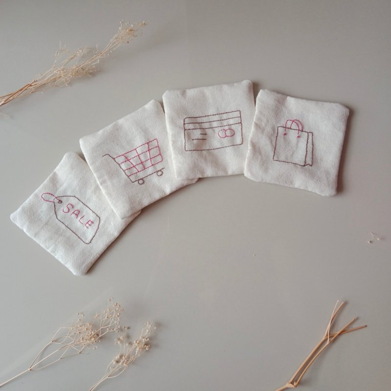 Shopping coaster set hand embroidered 4 PCS different - 杯墊 - 棉．麻 白色