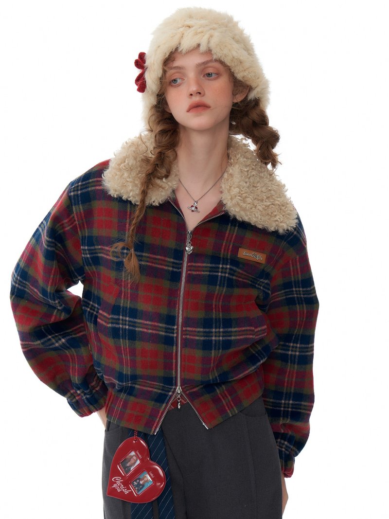 ziziFei autumn and winter new American retro design short red and blue plaid fur collar plus velvet plaid coat for women - เสื้อผู้หญิง - วัสดุอื่นๆ สีแดง