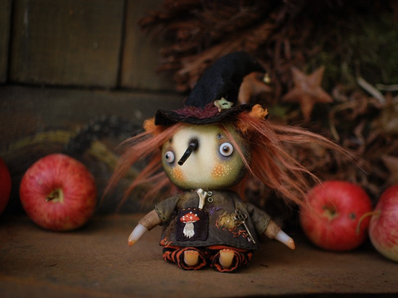 Textile creature Tiny Witch, fantasy collectible sculpture - Stuffed Dolls & Figurines - Other Materials 