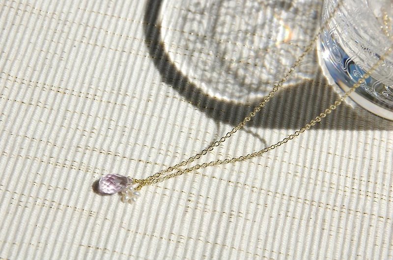 Drop and Flower Pearl Necklace (pink amethyst) - สร้อยคอ - เครื่องเพชรพลอย 