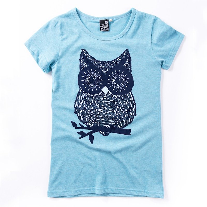 [Series] Department of Forest Lake Blue owl female models - Women's T-Shirts - Cotton & Hemp Blue