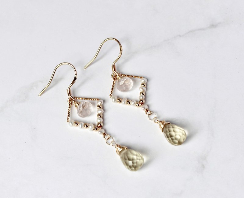 Pink crystal lemon crystal 925 silver ear hook earrings - Earrings & Clip-ons - Semi-Precious Stones Yellow