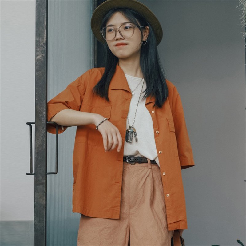 櫟鹽橘 嬉皮士 全棉復古工裝露營單排扣翻領襯衫 中性男女同款 - 女襯衫 - 棉．麻 橘色