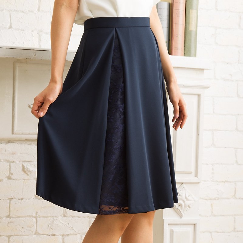 聚酯纖維 裙子/長裙 藍色 - 【Made in Japan】Side Lace Skirt 深藍色 經典側蕾絲喇