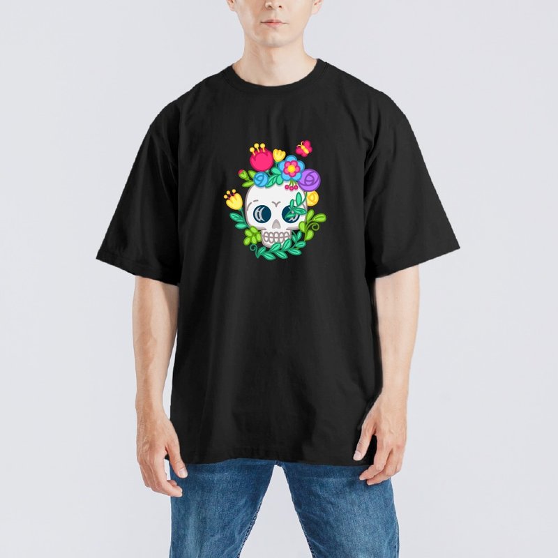 SKULL 骷髏 花 美式 插畫 衣服 落肩 厚磅 寬版 T恤 吸濕排汗 黑T - 男 T 恤 - 棉．麻 多色
