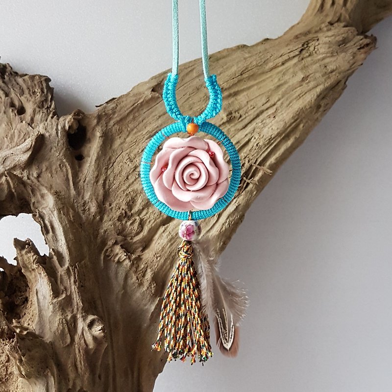 Dreamcatcher Necklace - Light Pink Rose aroma stone - Necklaces - Other Materials Gold