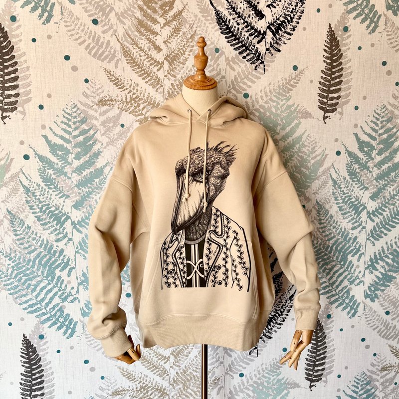 Shoebill hoodie Hand-drawn animal illustration Unisex - Unisex Hoodies & T-Shirts - Cotton & Hemp Khaki