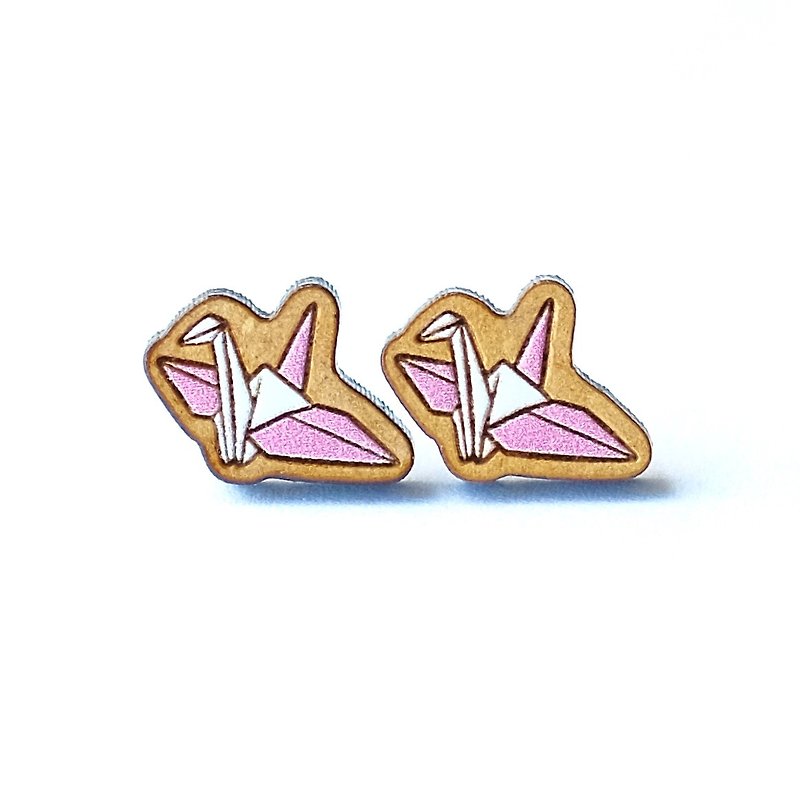 Wood Earrings & Clip-ons Pink - Painted wood earrings-Paper Crane (pink)