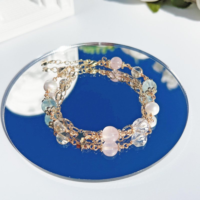 Aquamarine pink crystal citrine white crystal freshwater pearl double layer bracelet peach blossom popularity and wealth - สร้อยข้อมือ - คริสตัล หลากหลายสี