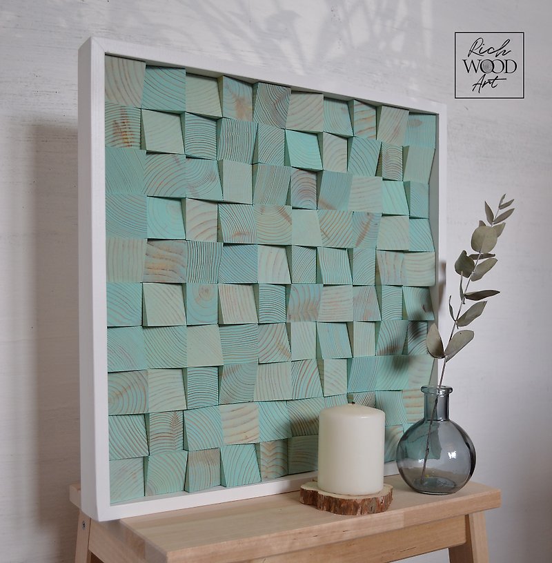 柔和色彩的木墙雕塑现代木墙艺术-精致的绿松石 - 壁貼/牆壁裝飾 - 木頭 藍色