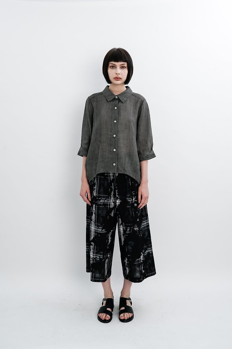 Ink check pattern. Black cotton wide pants. Spring Summer | Ysanne - กางเกงขายาว - ผ้าฝ้าย/ผ้าลินิน สีดำ