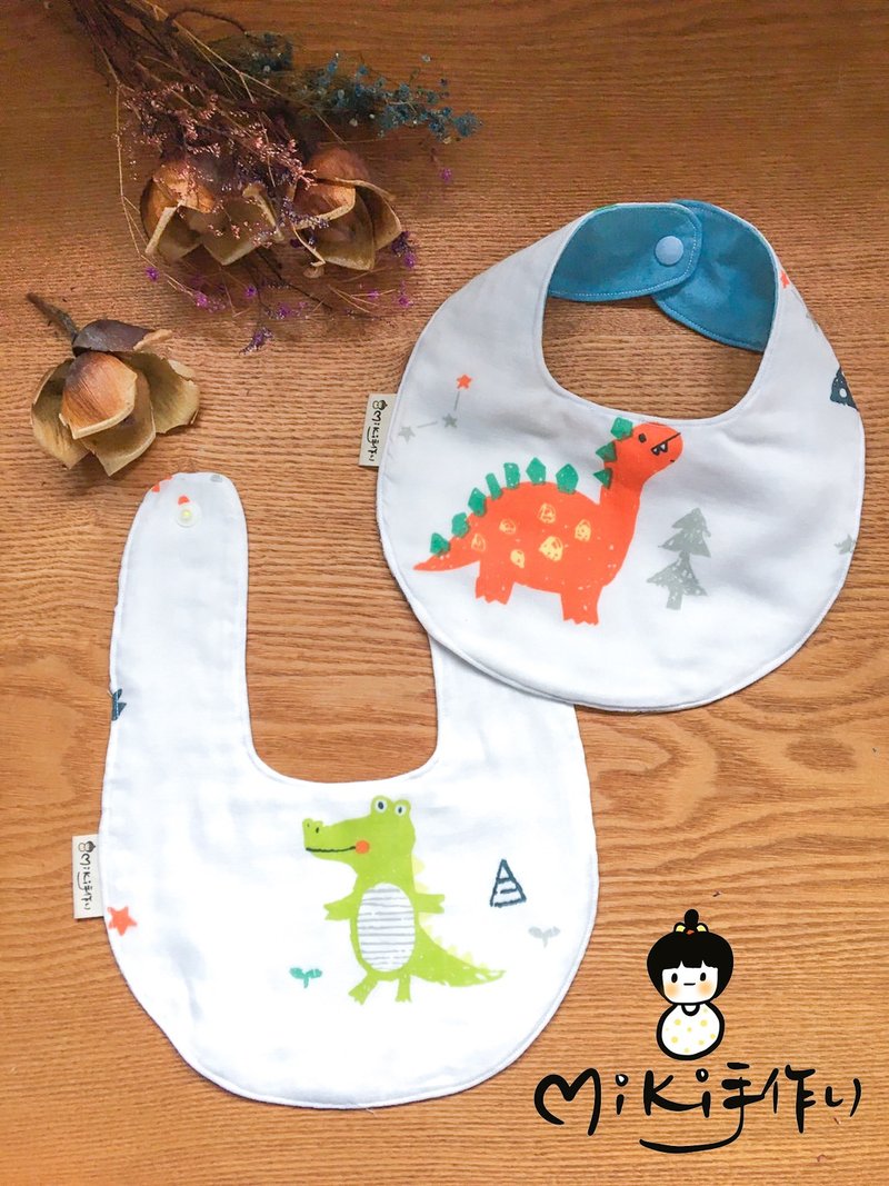 Miki hand-made 8-fold yarn cat dinosaur double-sided saliva bib double yarn Japan - Bibs - Cotton & Hemp Blue