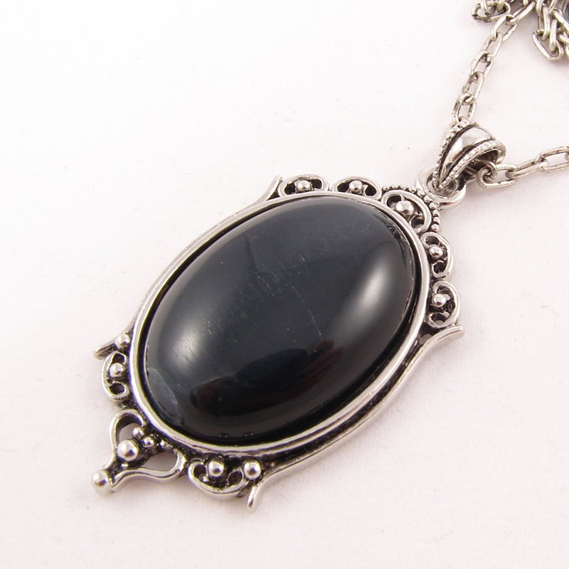 Black Falcon Eye Cat Eye Necklace Oval Black Stone Pendant Necklace Jewelry Gift - 項鍊 - 半寶石 黑色