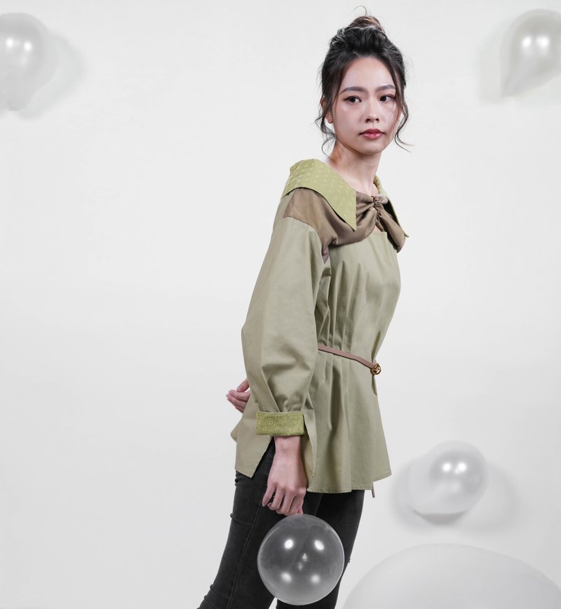 正反兩穿圓環襯衫-卡其梨綠 - 女襯衫 - 聚酯纖維 綠色