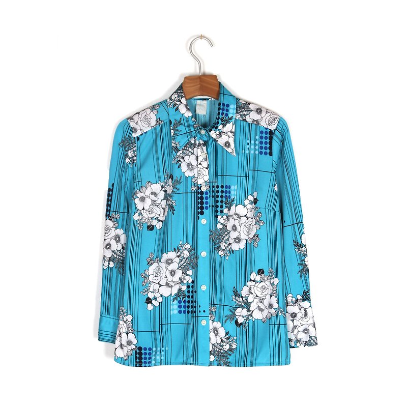 [Vintage] egg plant fountain bouquet printed vintage shirt - Women's Shirts - Polyester Blue