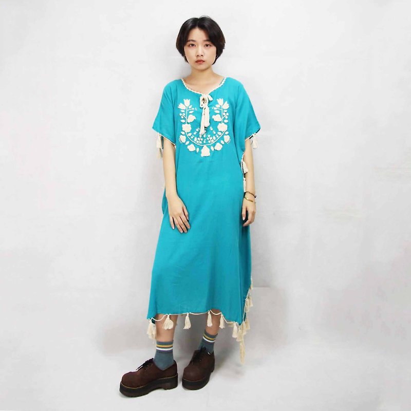 ツバサ.Y古代の家004青い緑の花と雲刺繍ドレス、刺繍ドレスコットン - ワンピース - コットン・麻 
