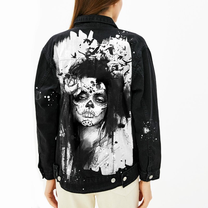 Painted denim jacket, handmade custom, gift, custom sugar skull - 女大衣/外套 - 棉．麻 多色