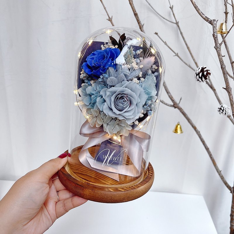 Christmas Gift Box/Customized Gift LED Rose Bouquet Eternal Flower Bell Jar-Velvet Sapphire Blue+Morandi Blue