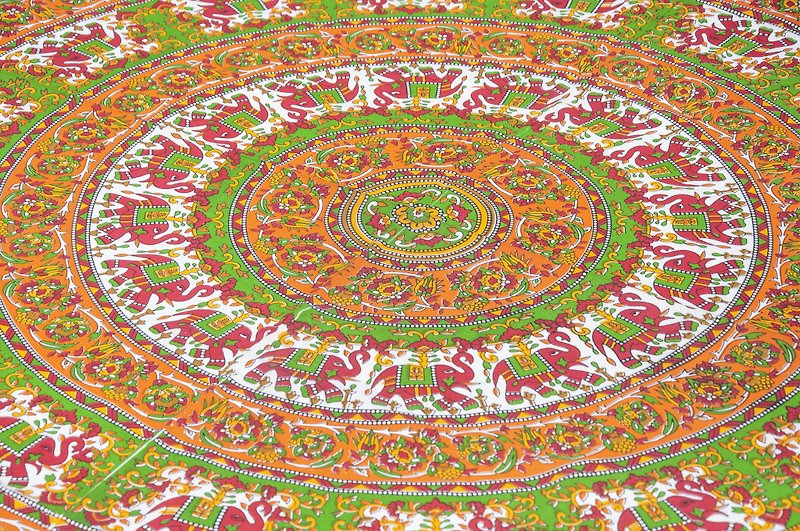 Indian flower pure cotton double bed single mandala totem rendering bed sheet fabric-elephant world mandala - Bedding - Cotton & Hemp Multicolor