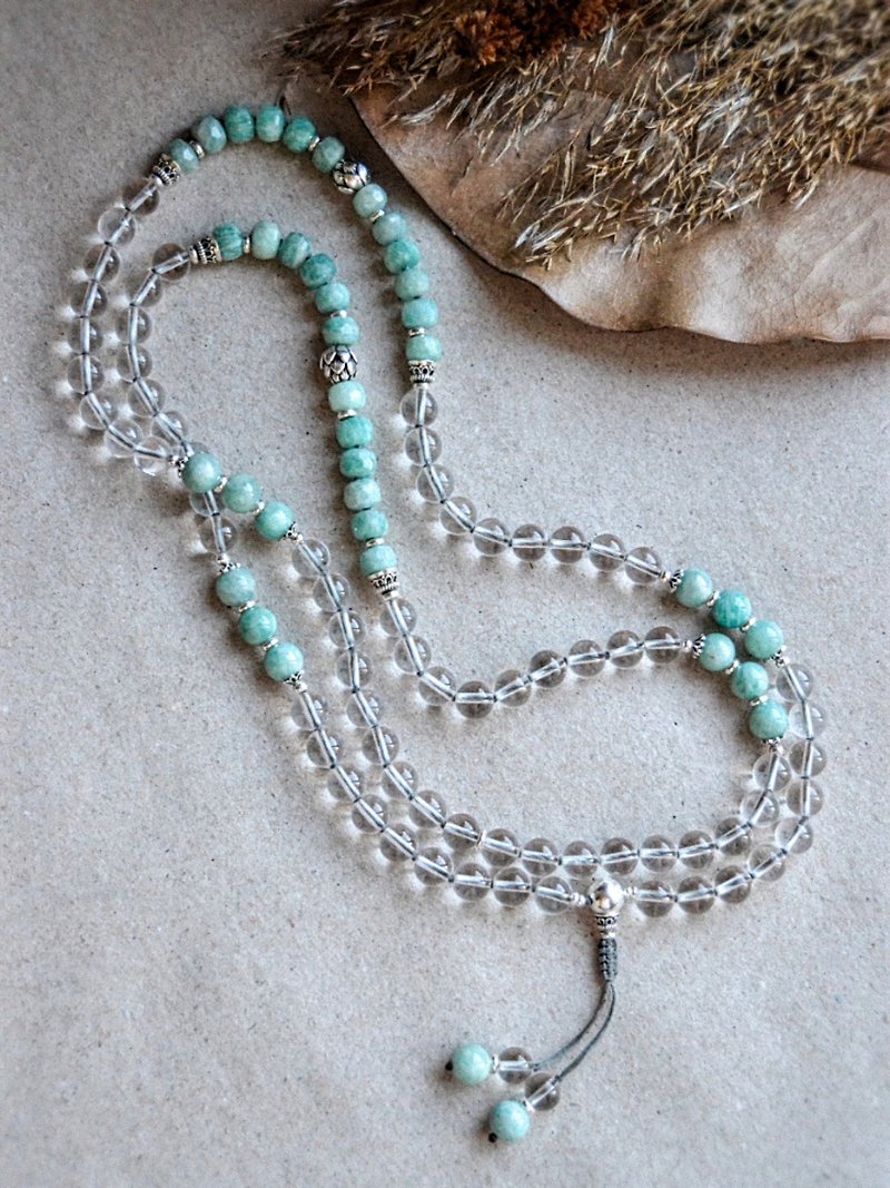 Clear Quartz and Russian Amazonite Mala necklace with silver lotus - Necklaces - Semi-Precious Stones Transparent