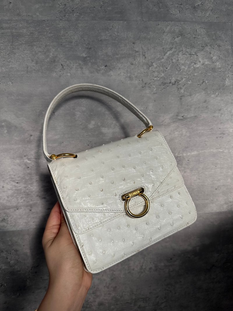中古包 Celine 賽琳 白色鴕鳥皮雙層翻蓋Box包 - 手提包/手提袋 - 真皮 白色