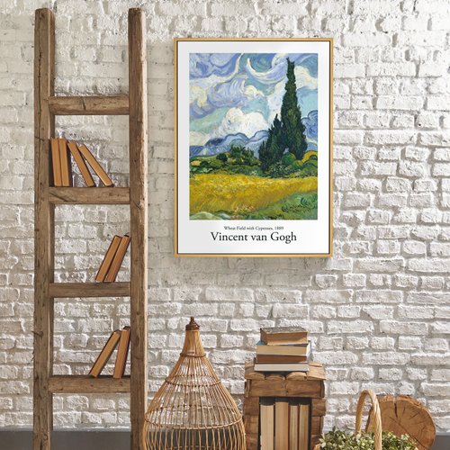 ★秀作★手書き油絵 ゴッホ 糸杉のある麦畑 絵画 額付き インテリア 油彩画 プリントアート ゴッホ 糸杉のある麦畑 絵画 額付き インテリア