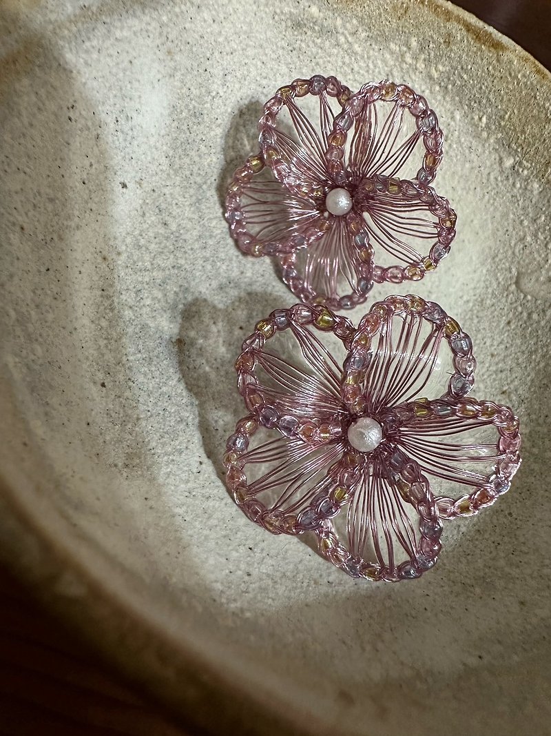 Glazed transparent flower earrings - Earrings & Clip-ons - Copper & Brass Pink
