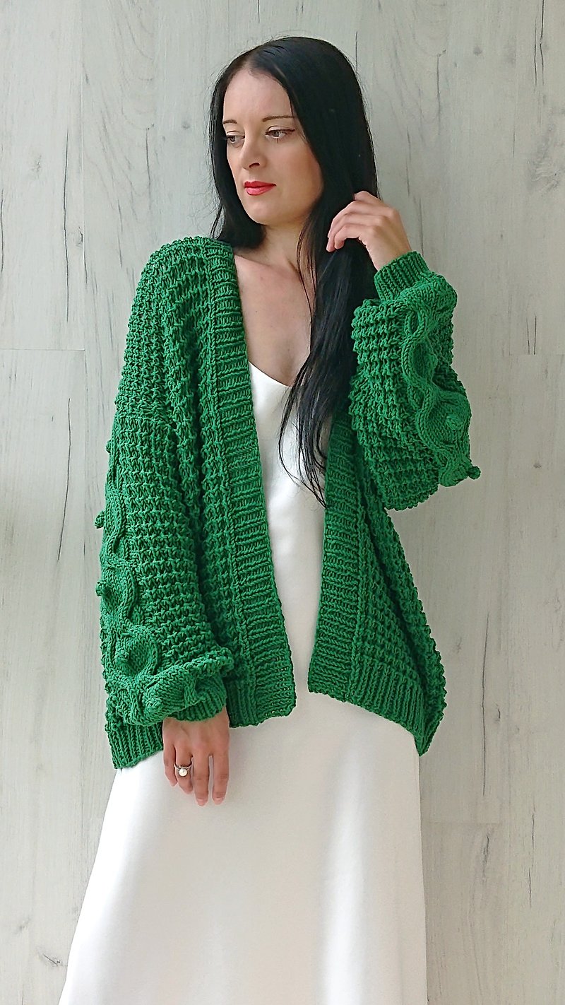 棉．麻 女毛衣/針織衫 - Waffle sweater wit twist sleeve Sweater knit green Handmade jacket cotton Kimono