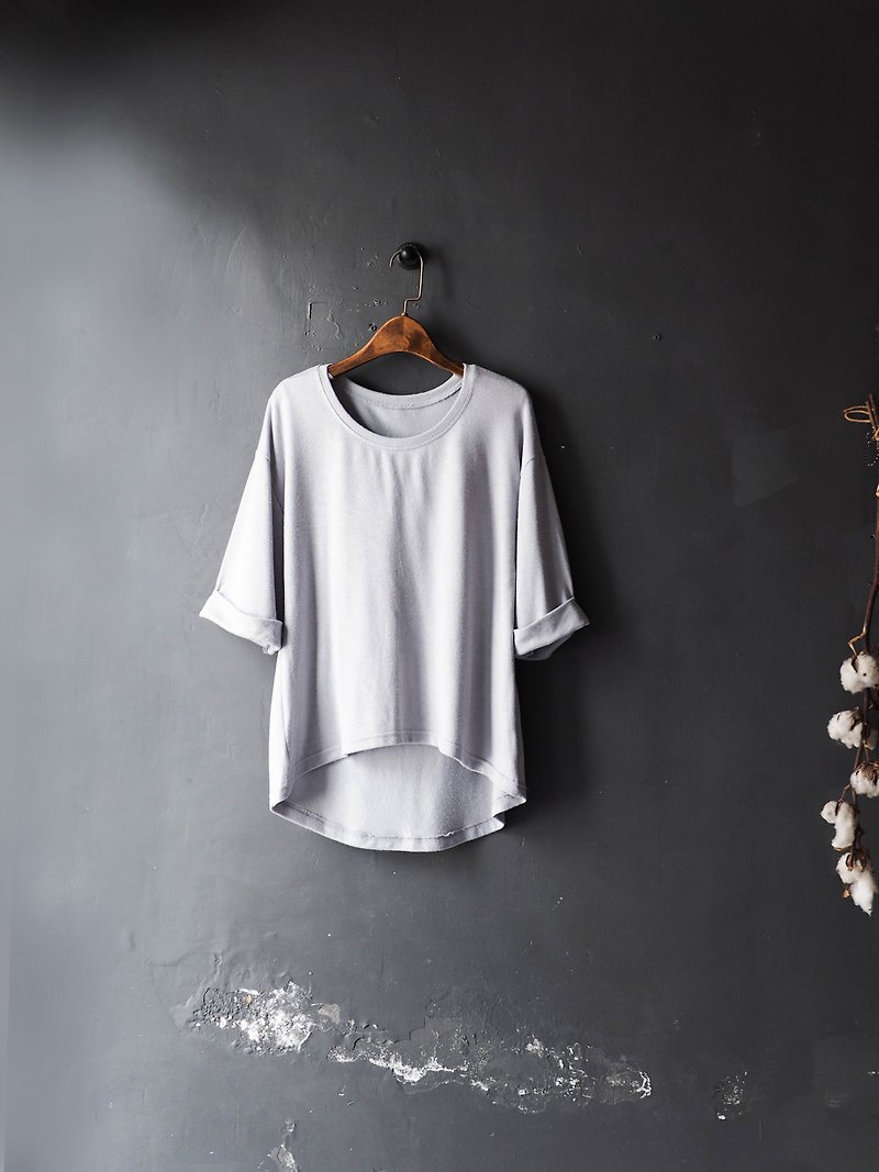 Light gray wide fold sleeve curved hem antique soft material fine knit top shirt oversize vintage - Women's Tops - Polyester Gray